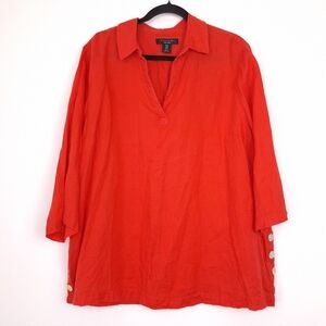 Tahari linen popover top 3/4 sleeve resort wear beach vacation woven vibrant red